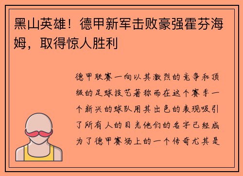 黑山英雄！德甲新军击败豪强霍芬海姆，取得惊人胜利