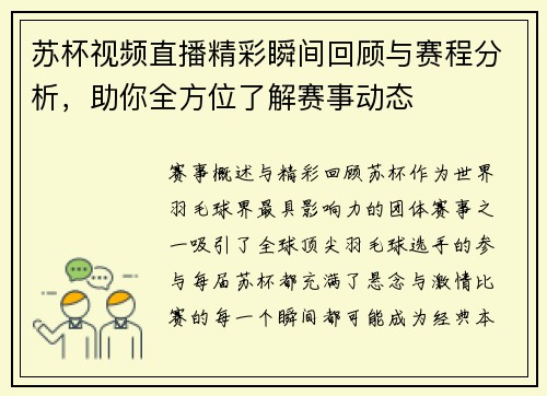 苏杯视频直播精彩瞬间回顾与赛程分析，助你全方位了解赛事动态
